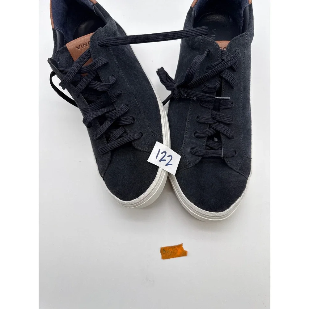 Vince Mens Suede Low Top Sneakers Navy Blue Brown Leather Trim Lace Up Shoes